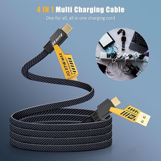 4-in-1 Metal Charging Cable – Transformer Edition | 65W Fast Charge | Type-C, iPhone, Micro USB