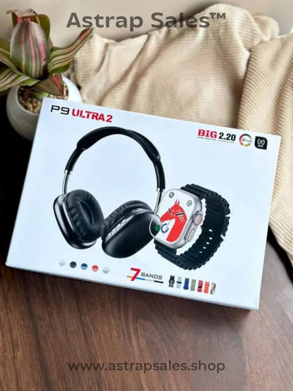 P9 Ultra 2 Combo Pack 💥 Smartwatch + Wireless Over-Ear Headphones + 7 Bands